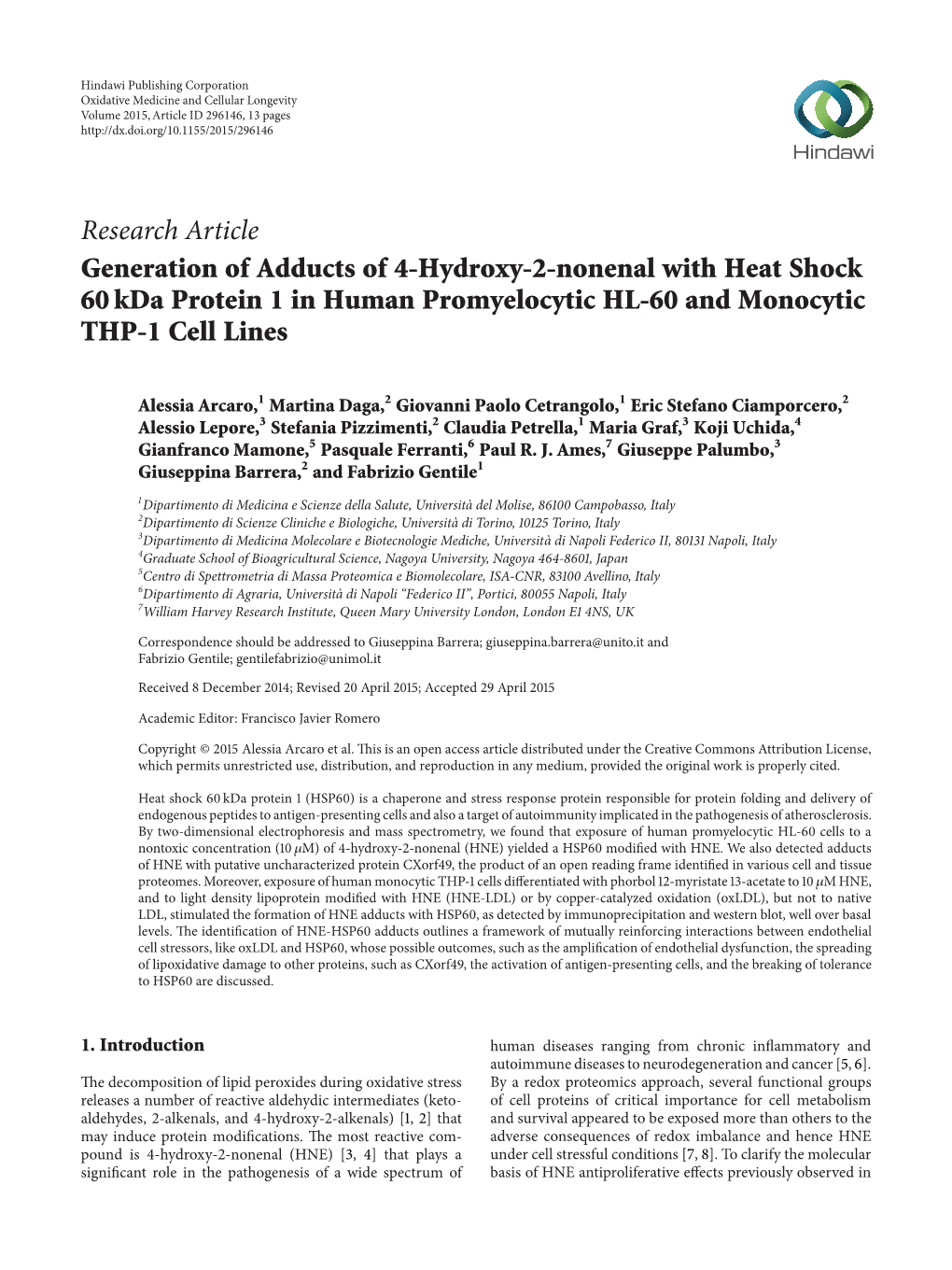 Generation of Adducts of 4-Hydroxy-2-Nonenal with Heat Shock 60 Kda Protein 1 in Human Promyelocytic HL-60 and Monocytic THP-1 Cell Lines