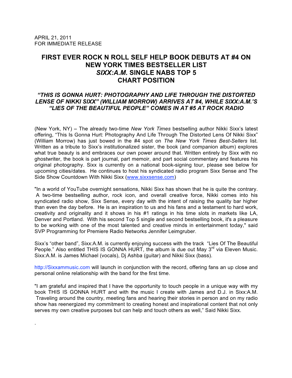 First Ever Rock N Roll Self Help Book Debuts at #4 on New York Times Bestseller List Sixx:A.M