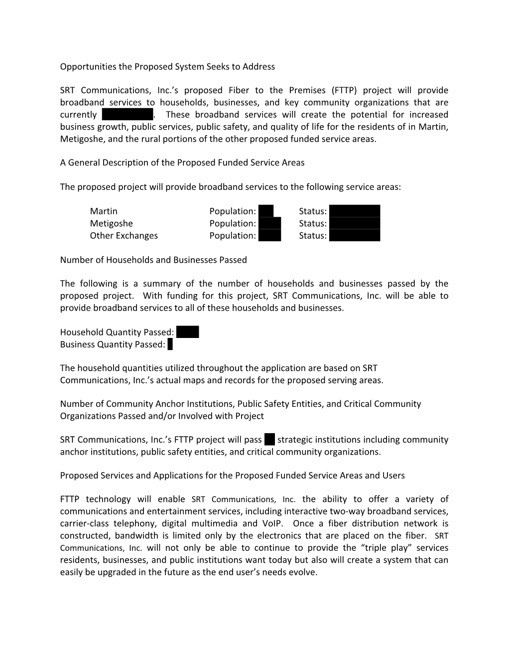 Opportunities the Proposed System Seeks to Address SRT Communications, Inc.'S Proposed Fiber to the Premises (FTTP) Project W