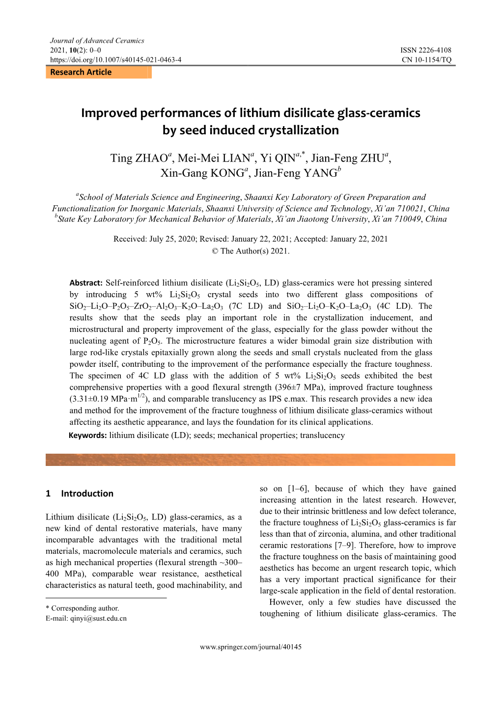 Improved Performances of Lithium Disilicate Glass-Ceramics by Seed Induced Crystallization