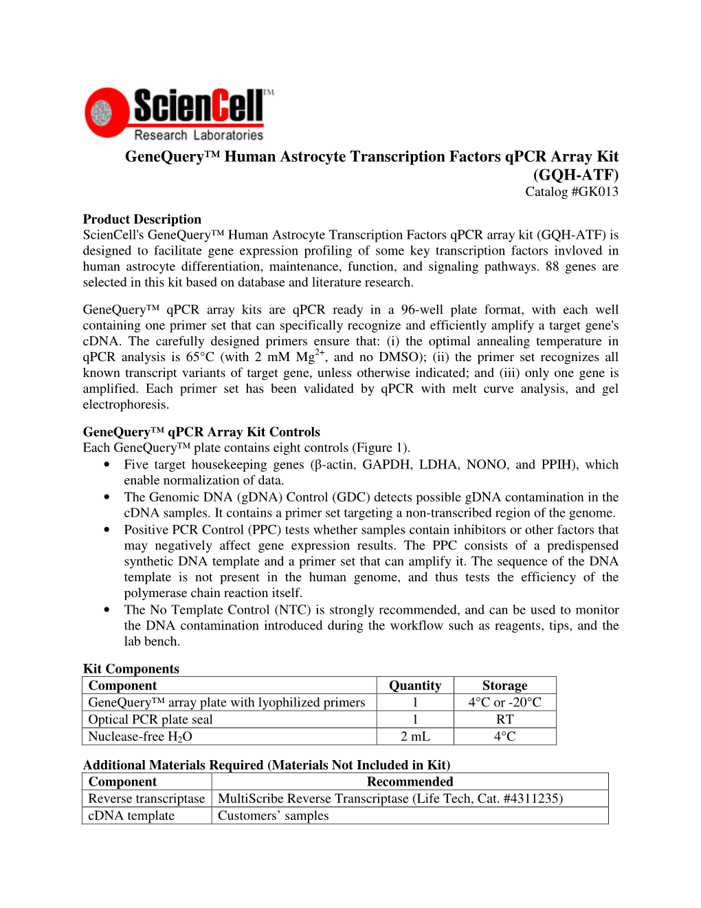 Genequery™ Human Astrocyte Transcription Factors Qpcr Array