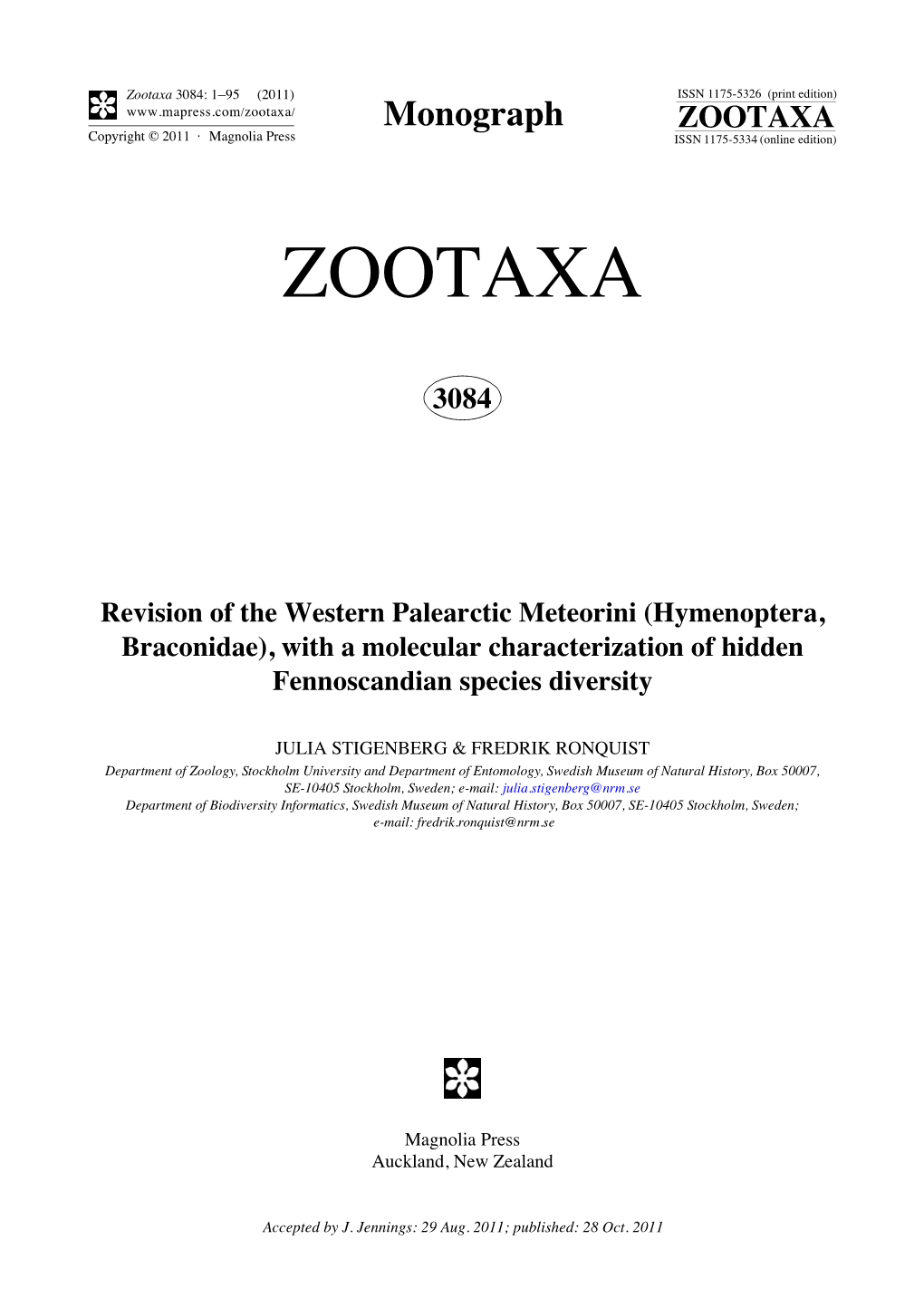 Hymenoptera, Braconidae), with a Molecular Characterization of Hidden Fennoscandian Species Diversity