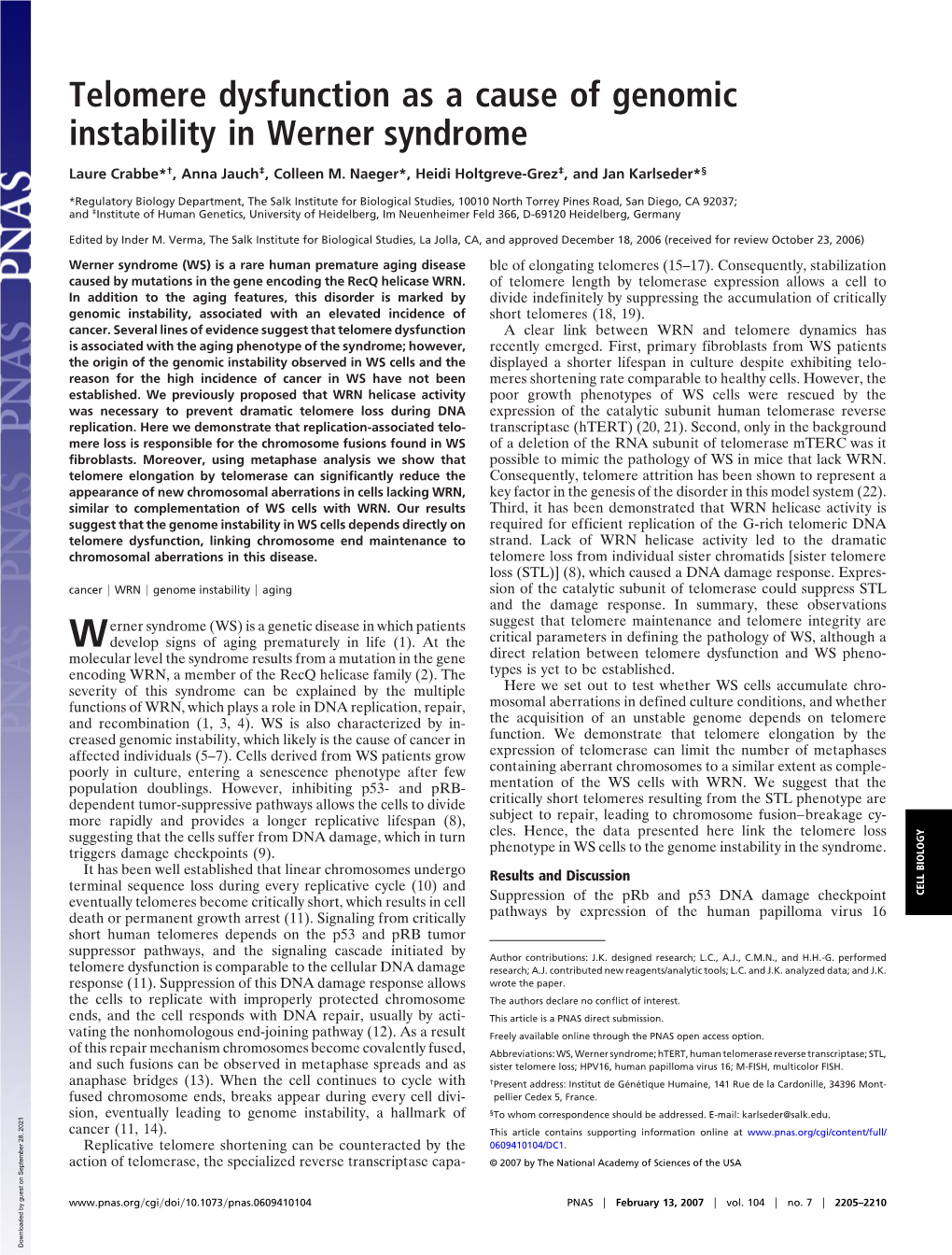 Telomere Dysfunction As a Cause of Genomic Instability in Werner Syndrome