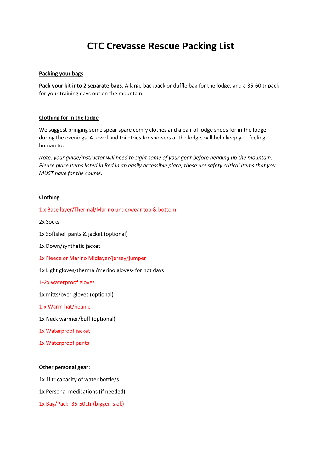 CTC Crevasse Rescue Packing List