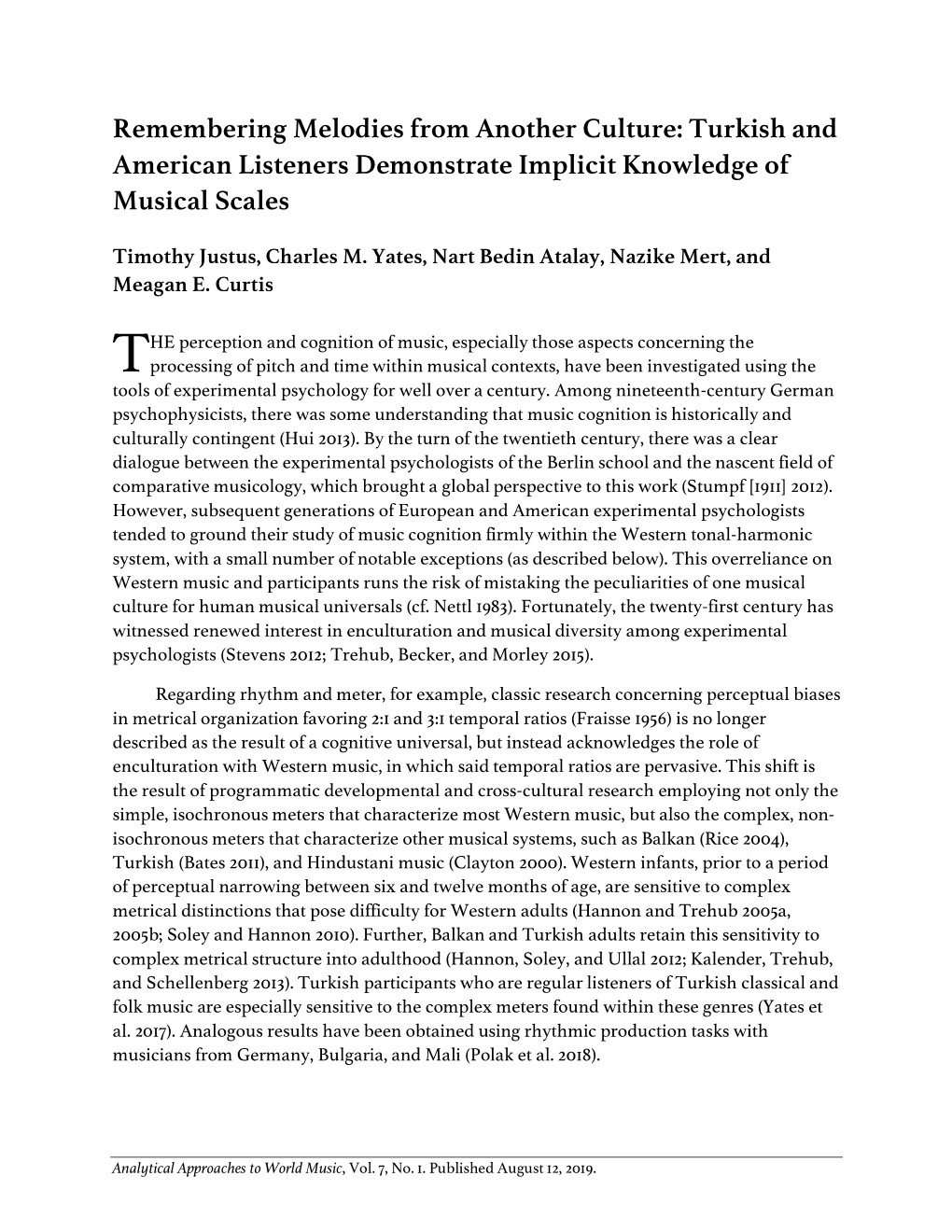 Remembering Melodies from Another Culture: Turkish and American Listeners Demonstrate Implicit Knowledge of Musical Scales