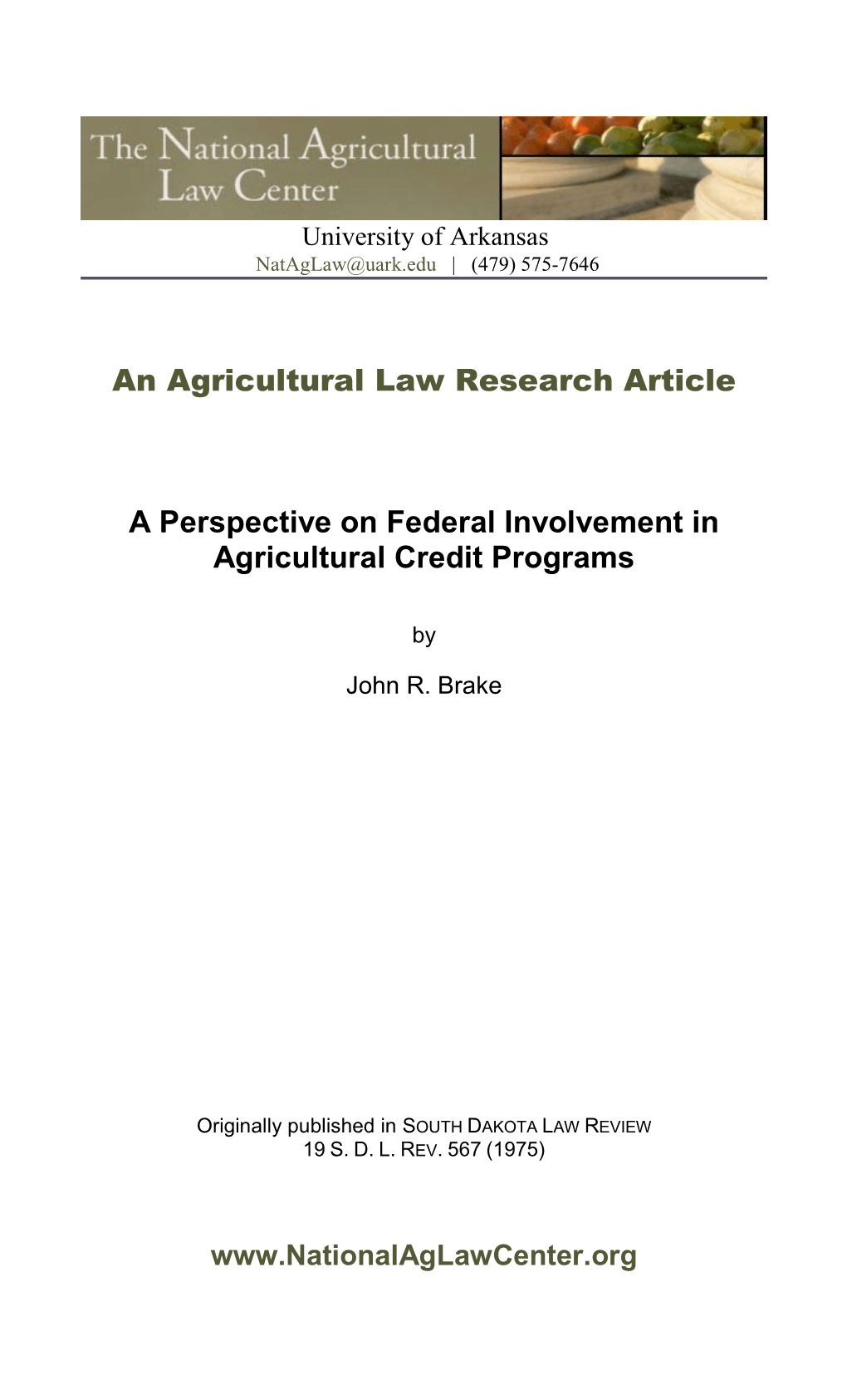 An Agricultural Law Research Article a Perspective on Federal