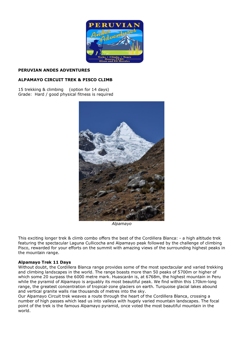 Peruvian Andes Adventures Alpamayo Circuit Trek