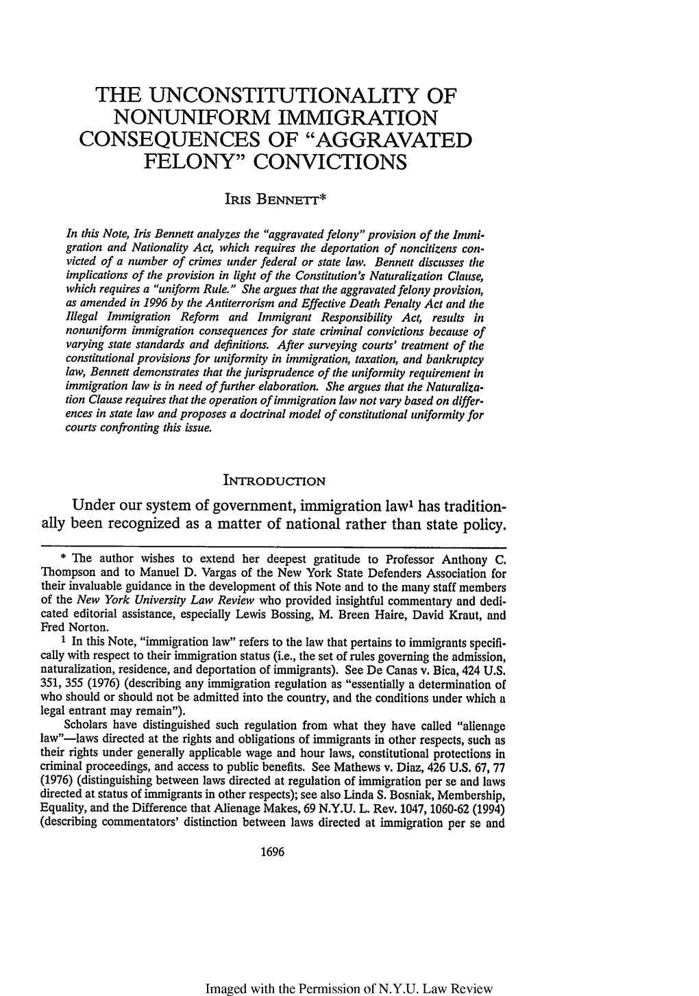 Unconstitutionality of Nonuniform Immigration Consequences of "Aggravated Felony" Convictions