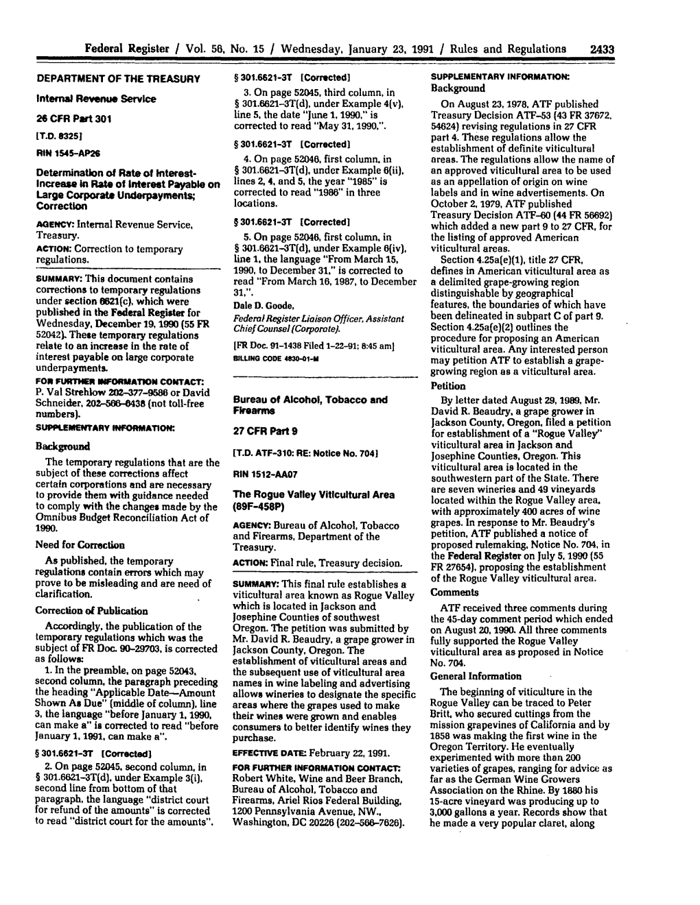 Federal Register / Vol. 56, No. 15 / Wednesday, January 23, 1991 / Rules and Regulations 2433