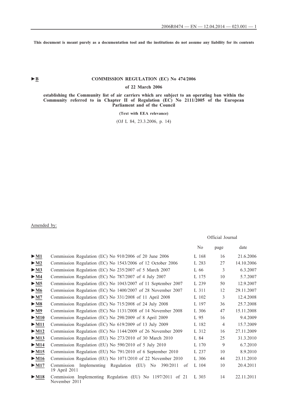 B COMMISSION REGULATION (EC) No 474/2006 Of