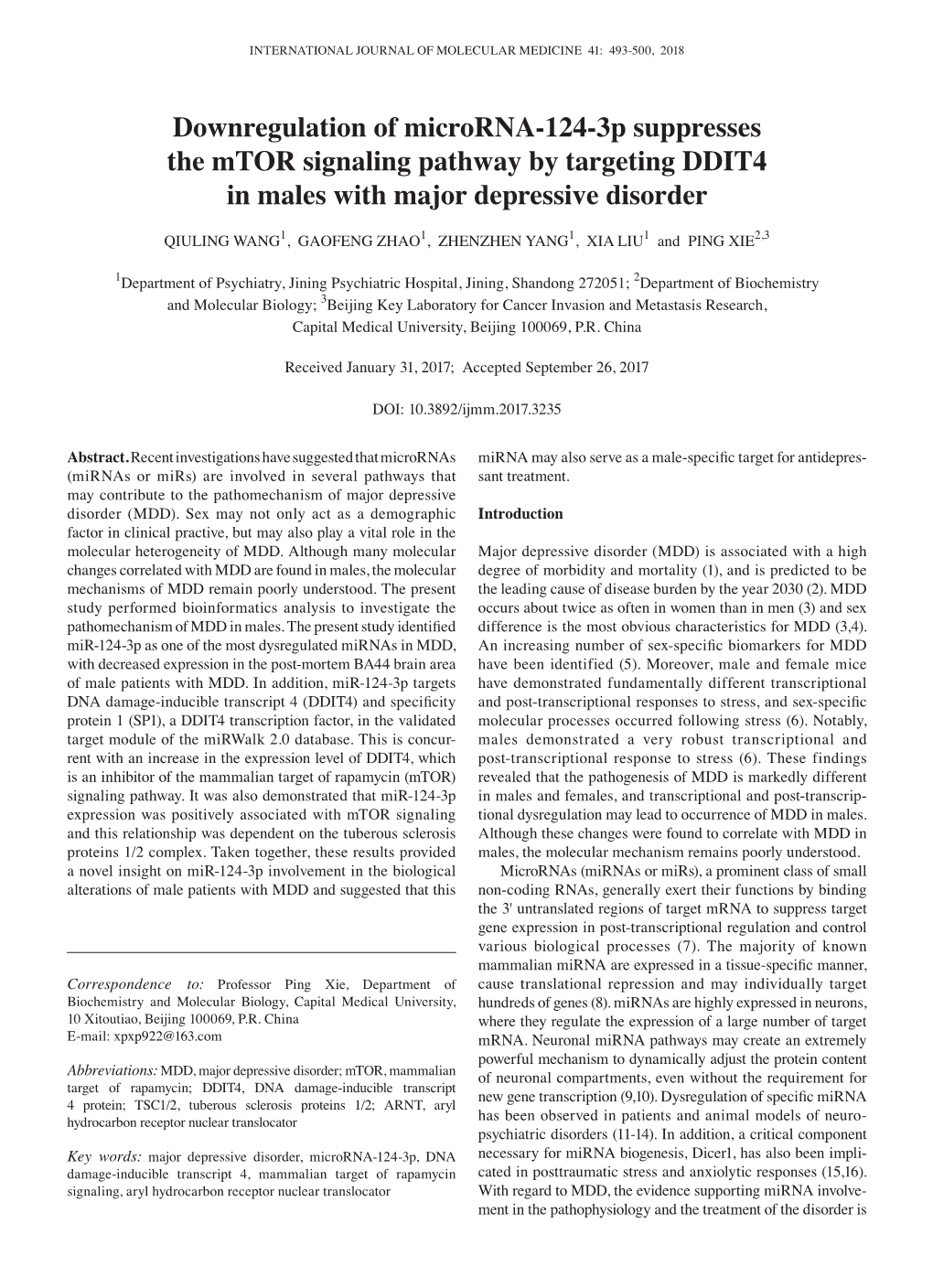 Downregulation of Microrna‑124‑3P Suppresses the Mtor Signaling Pathway by Targeting DDIT4 in Males with Major Depressive Disorder