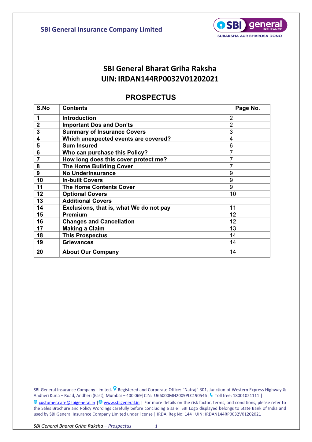 SBI General Bharat Griha Raksha UIN:IRDAN144RP0032V01202021