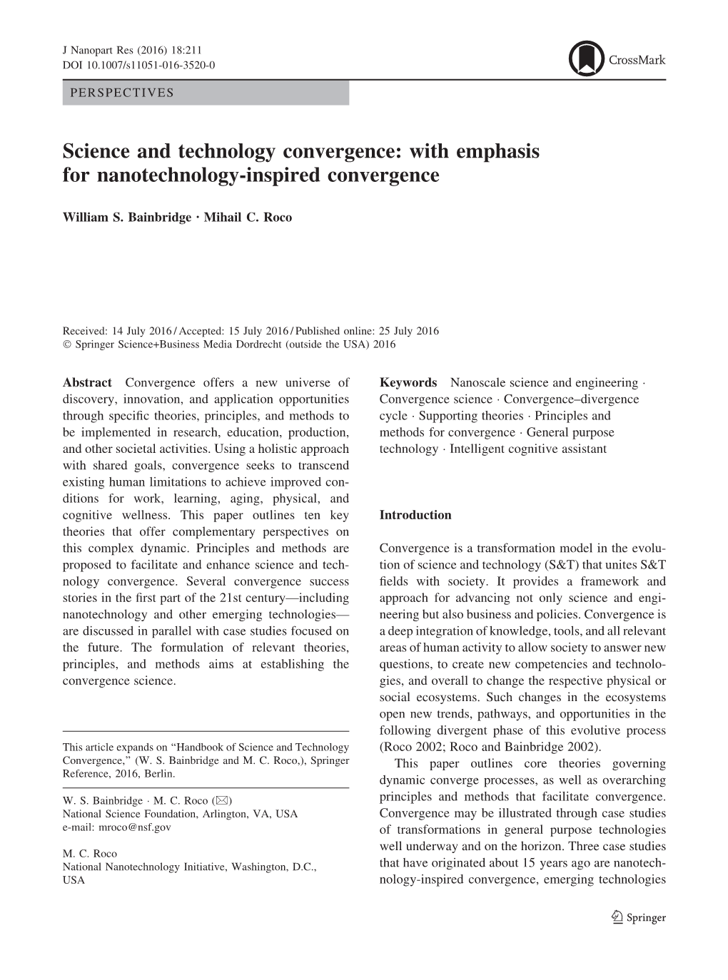 Science and Technology Convergence: with Emphasis for Nanotechnology-Inspired Convergence