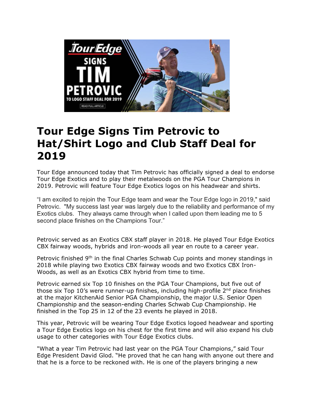 Tour Edge Signs Tim Petrovic to Hat/Shirt Logo and Club Staff Deal for 2019