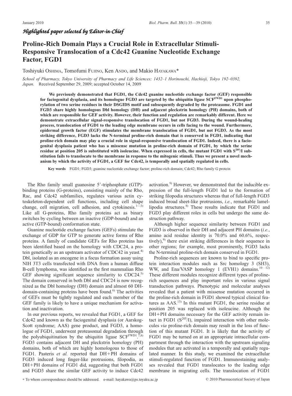 Proline-Rich Domain Plays a Crucial Role in Extracellular Stimuli-Responsive Translocation of a Cdc42 Guanine Nucleotide Exchange Factor, FGD1