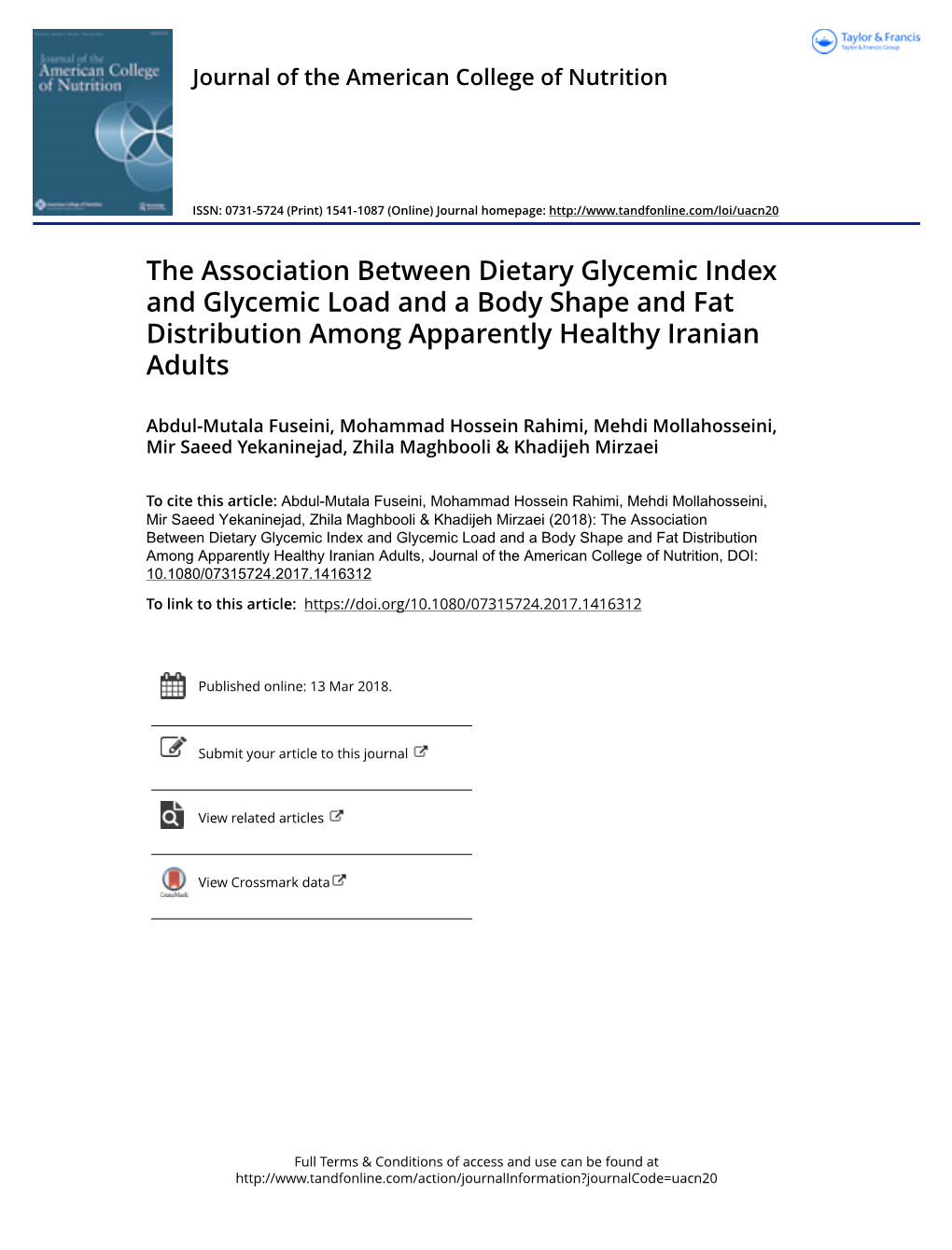 The Association Between Dietary Glycemic Index and Glycemic Load and a Body Shape and Fat Distribution Among Apparently Healthy Iranian Adults
