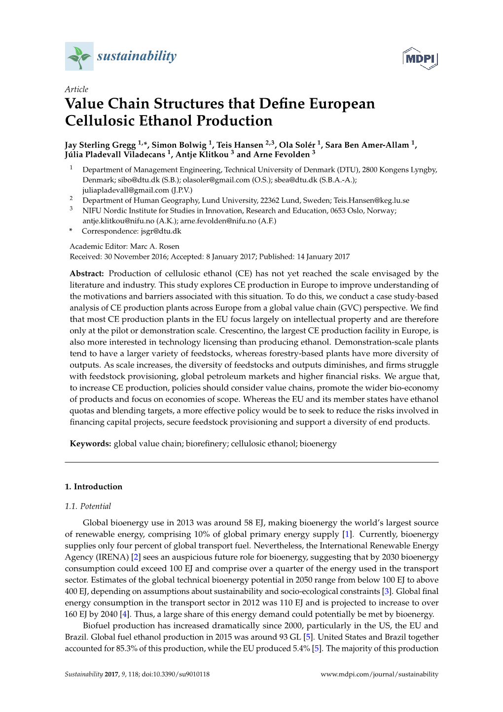 Value Chain Structures That Define European Cellulosic Ethanol