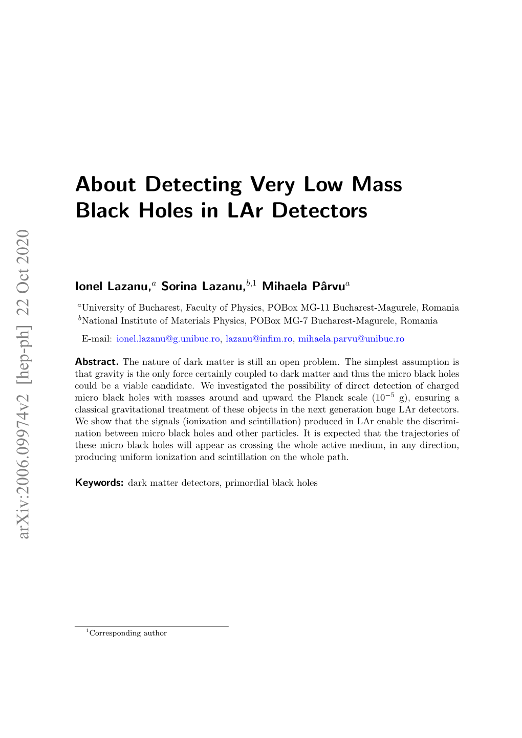 About Detecting Very Low Mass Black Holes in Lar Detectors