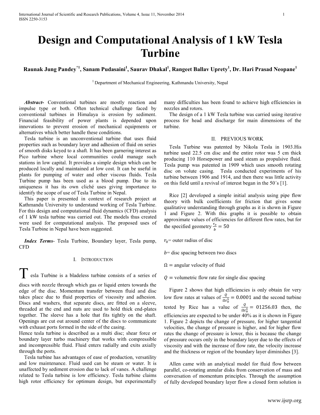 Design and Computational Analysis of 1 Kw Tesla Turbine