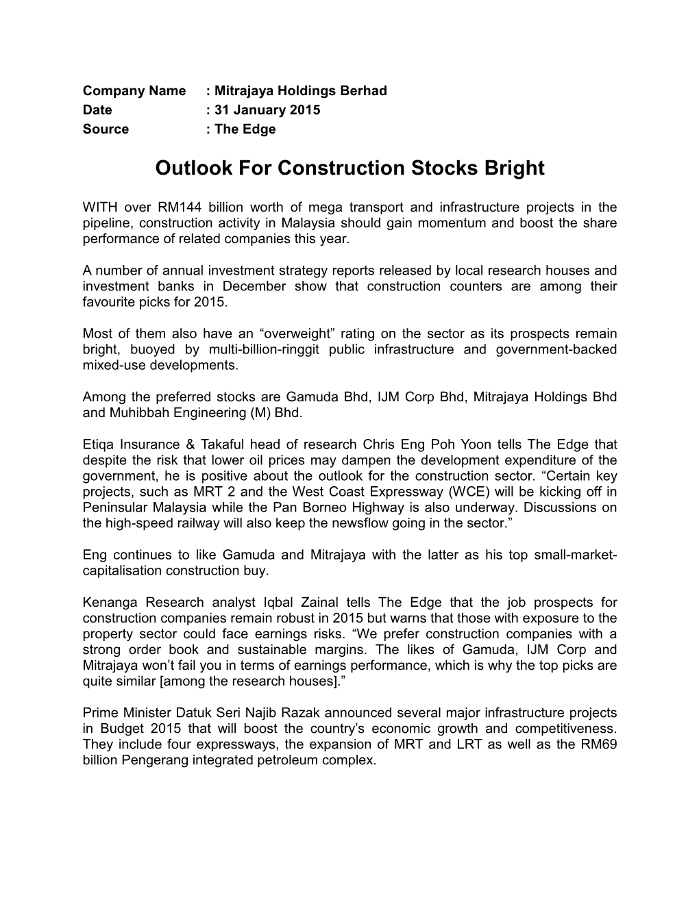Outlook for Construction Stocks Bright