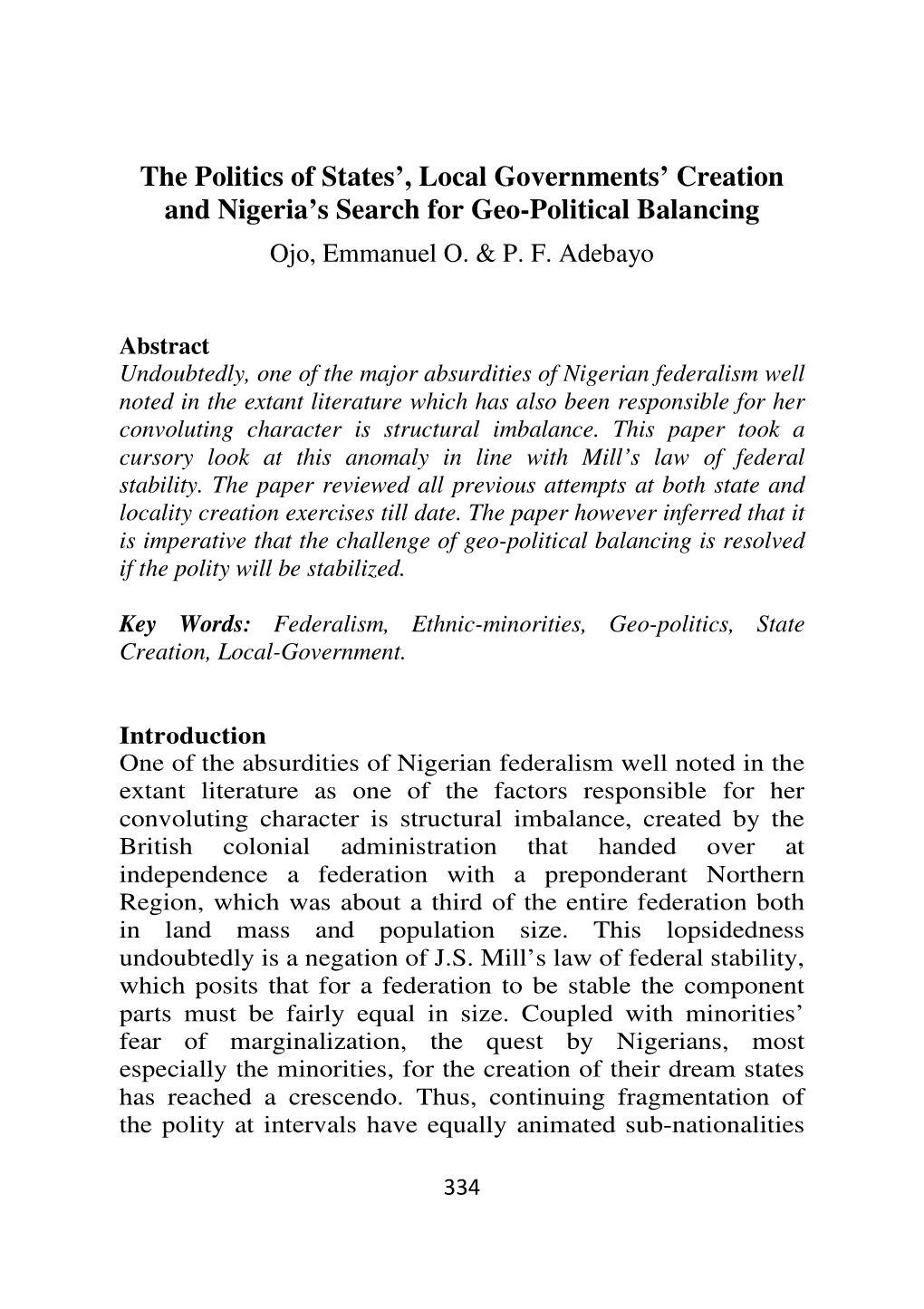 The Politics of States', Local Governments' Creation and Nigeria's
