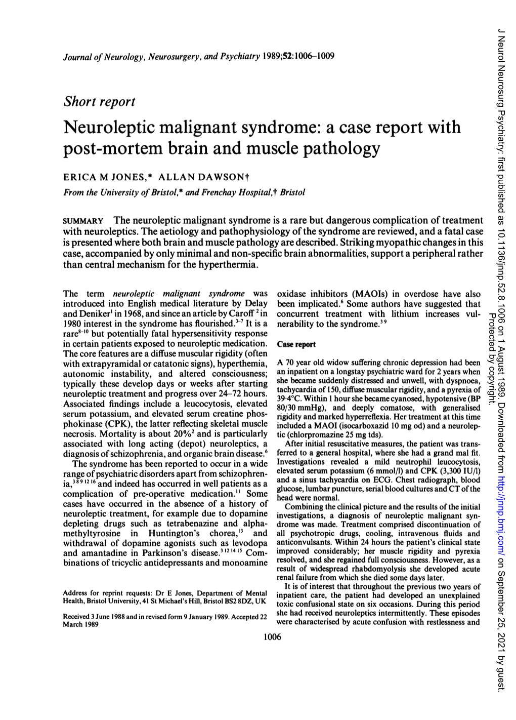 Neuroleptic Malignant Syndrome: a Case Report with Post-Mortem Brain and Muscle Pathology