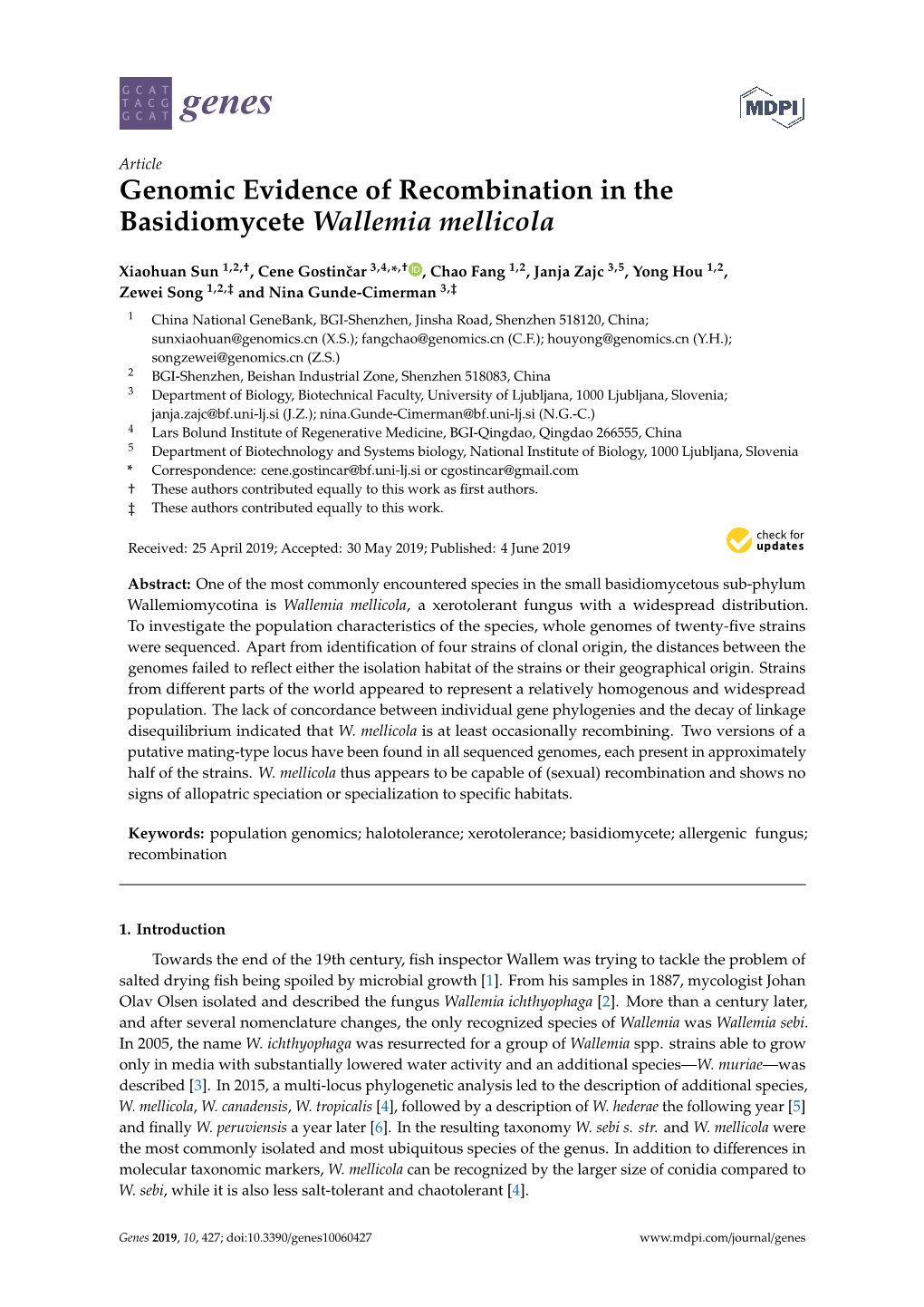 Genomic Evidence of Recombination in the Basidiomycete Wallemia Mellicola