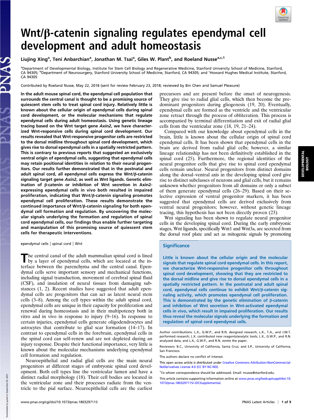 Wnt/Β-Catenin Signaling Regulates Ependymal Cell Development and Adult Homeostasis