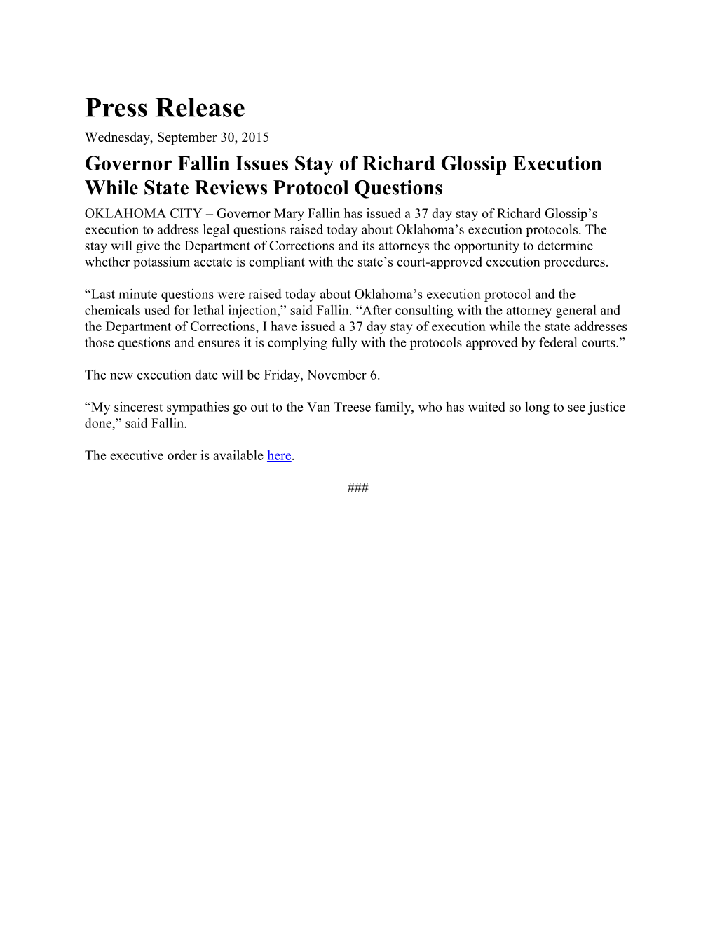 Governor Fallin Issues Stay of Richard Glossip Execution While State Reviews Protocol