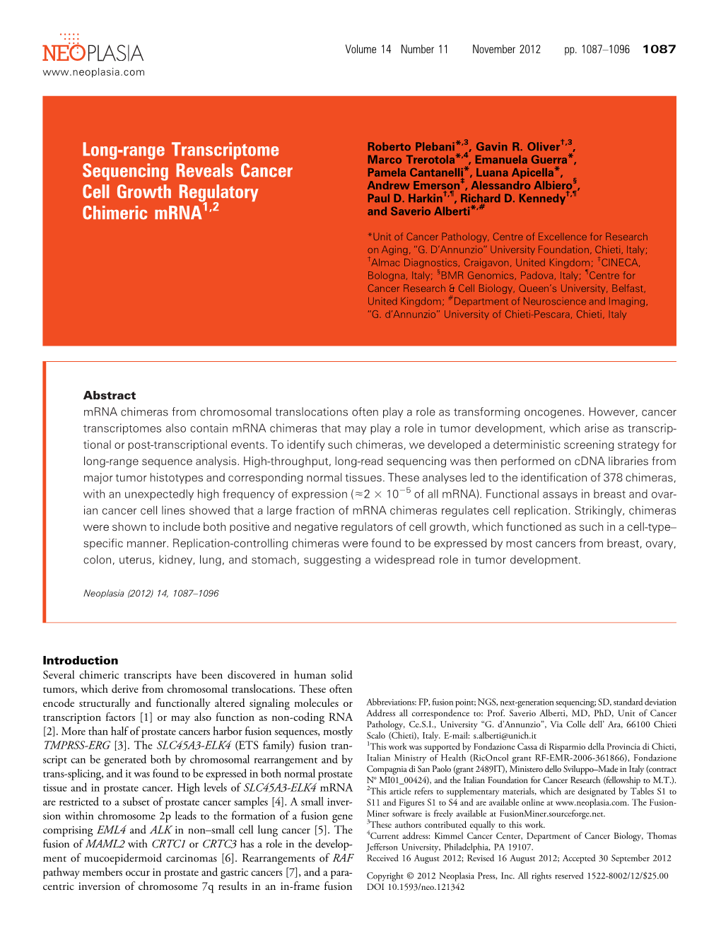 Long-Range Transcriptome Sequencing Reveals Cancer Cell Growth Regulatory Chimeric Mrnas