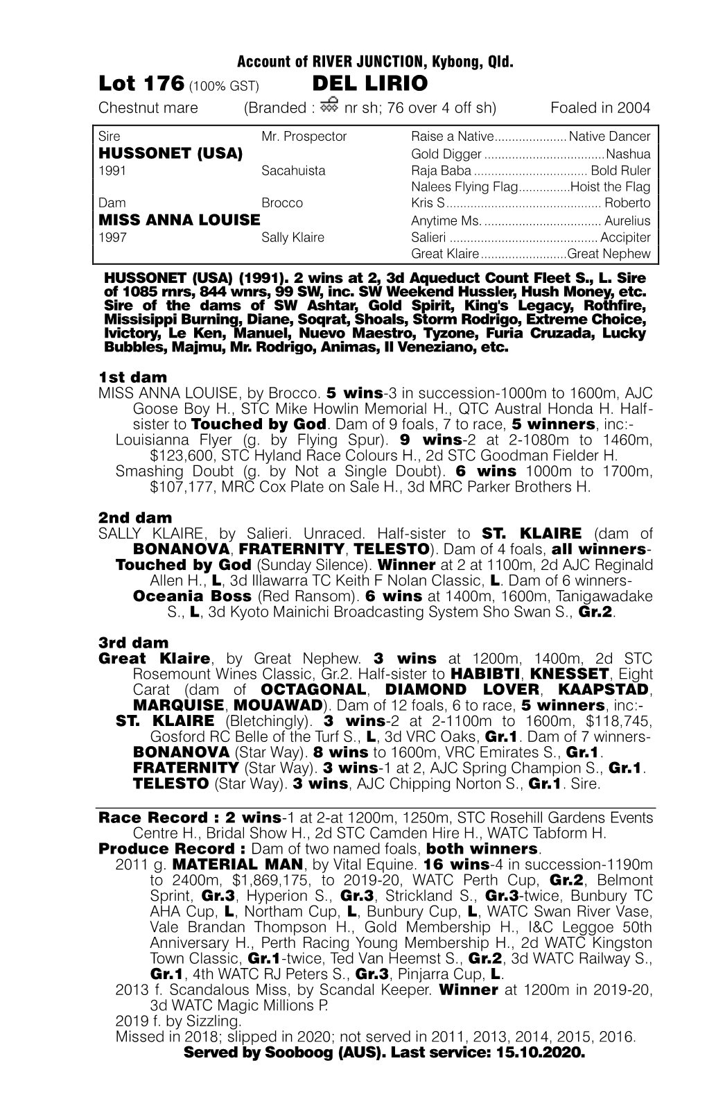 DEL LIRIO Chestnut Mare (Branded : Nr Sh; 76 Over 4 Off Sh) Foaled in 2004