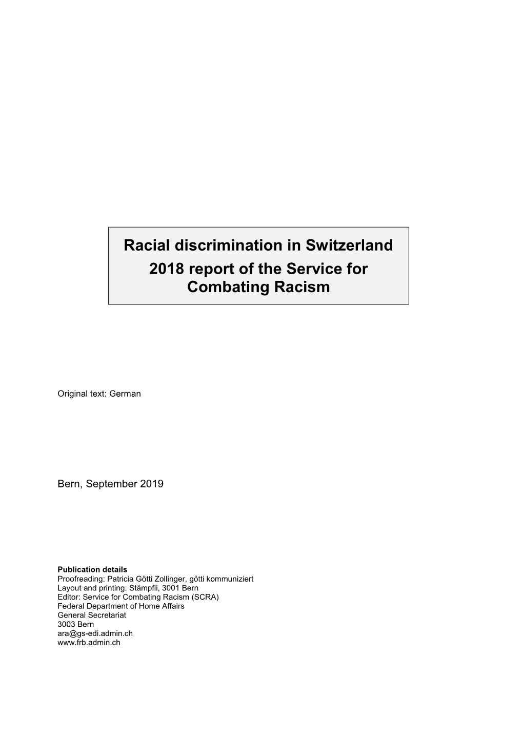 Racial Discrimination in Switzerland 2018 Report of the Service for Combating Racism