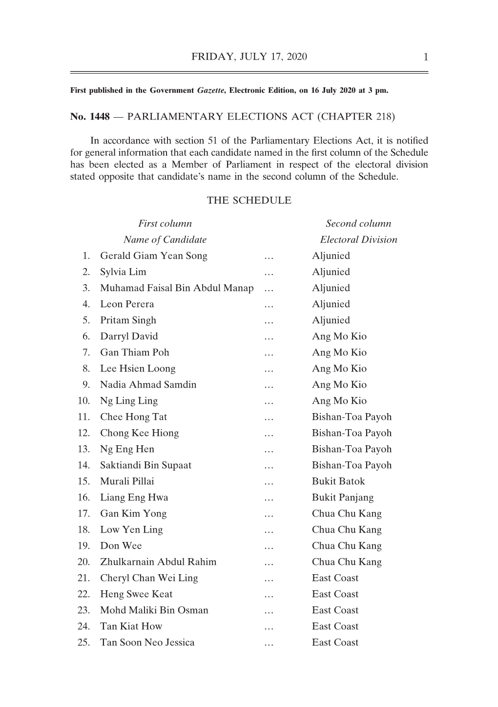 FRIDAY, JULY 17, 2020 1 No. 1448 –– PARLIAMENTARY ELECTIONS ACT (CHAPTER 218) in Accordance with Section 51 of the Parliamen