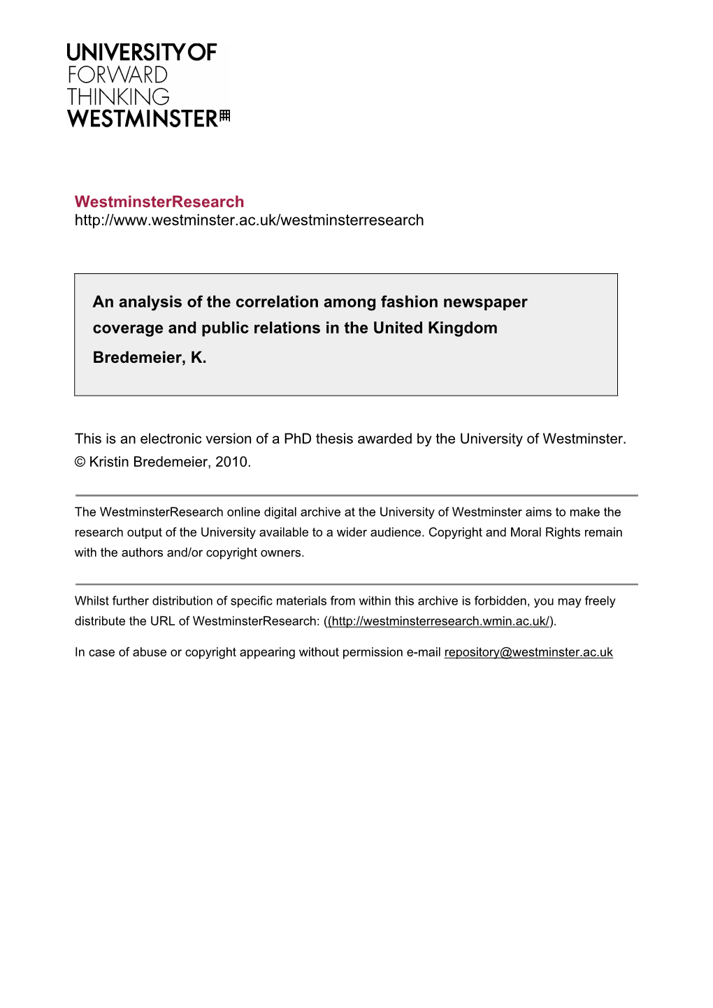 Westminsterresearch an Analysis of the Correlation Among Fashion