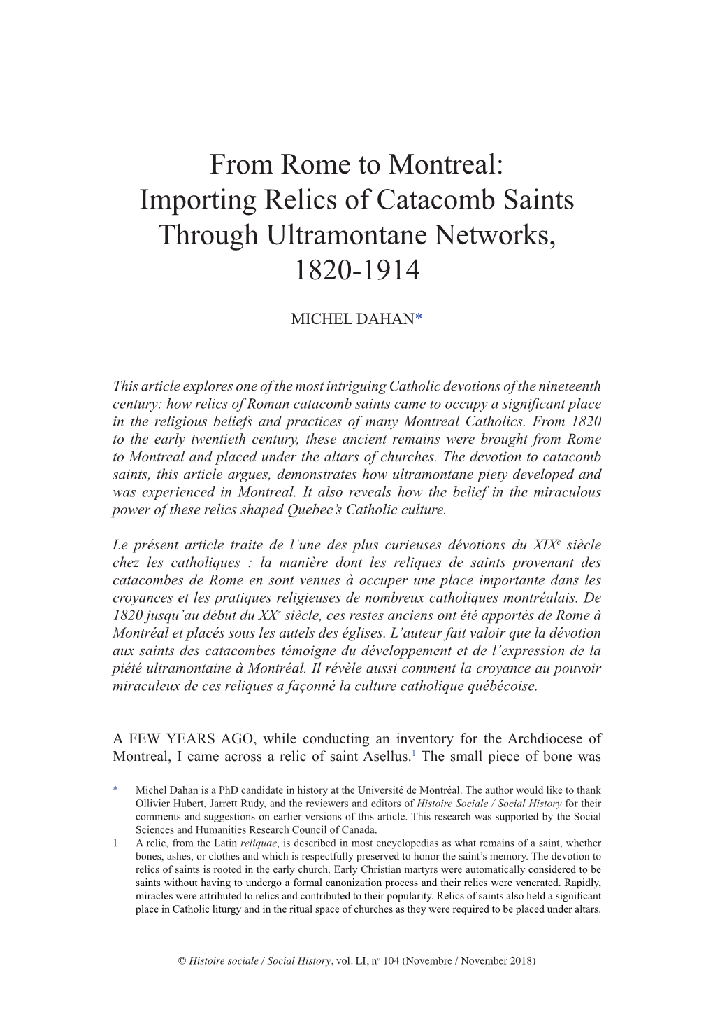 From Rome to Montreal: Importing Relics of Catacomb Saints Through Ultramontane Networks, 1820-1914