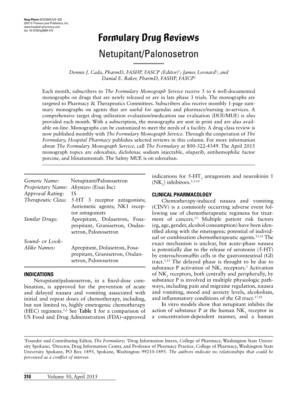 Formulary Drug Reviews Netupitant/Palonosetron