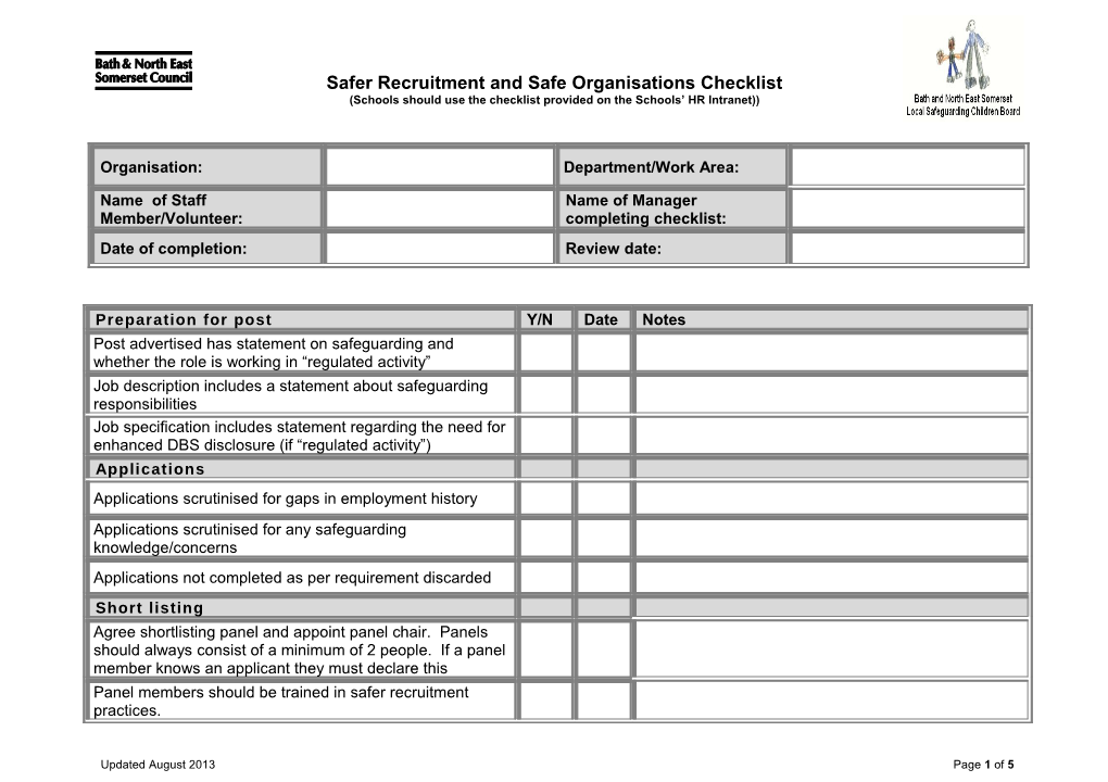 Safer Organisations Checklist (73Kb)