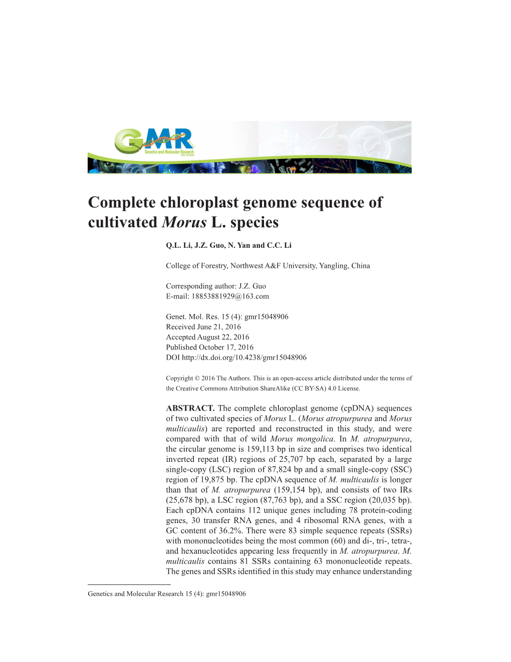 Complete Chloroplast Genome Sequence of Cultivated Morus L