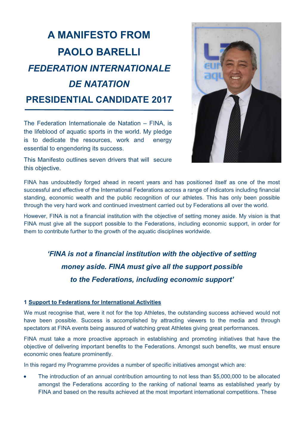 Manifesto from Paolo Barelli Federation Internationale De Natation