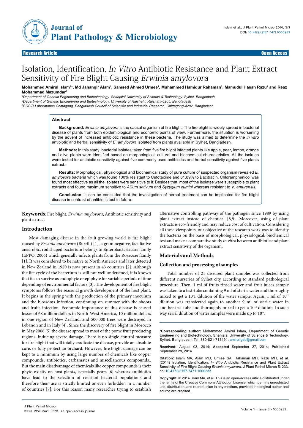 Isolation, Identification, in Vitro Antibiotic Resistance and Plant Extract Sensitivity of Fire Blight Causing Erwinia Amylovor