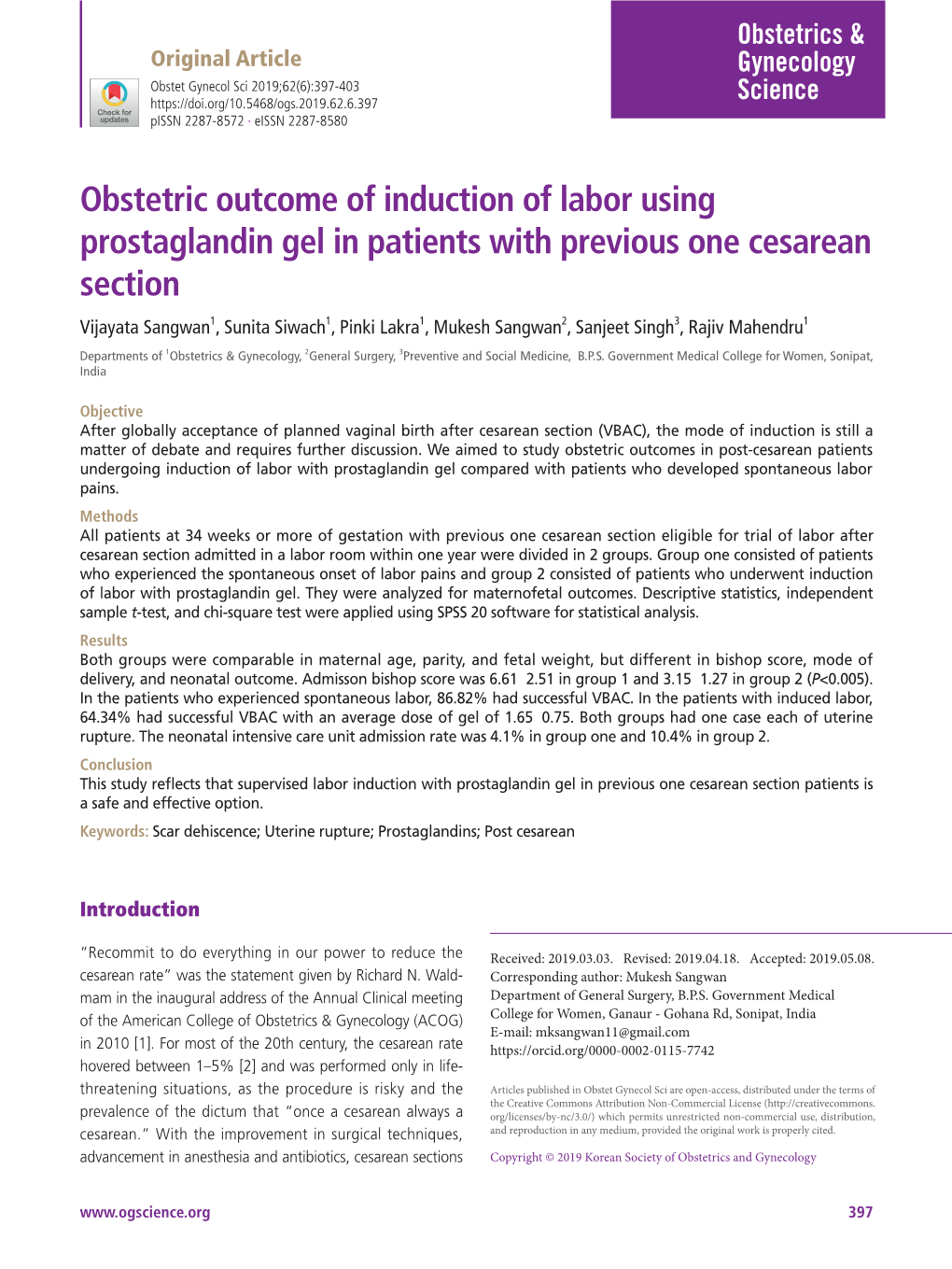Obstetric Outcome of Induction of Labor Using Prostaglandin Gel in Patients