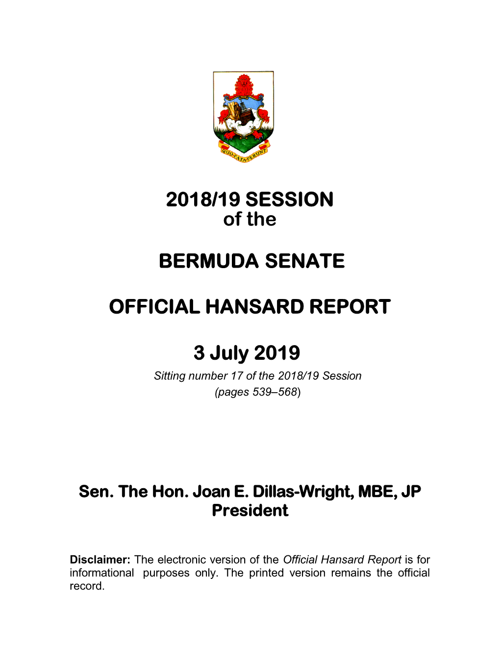 2018/19 SESSION of the BERMUDA SENATE OFFICIAL HANSARD