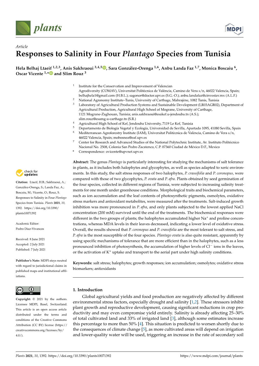 Responses to Salinity in Four Plantago Species from Tunisia