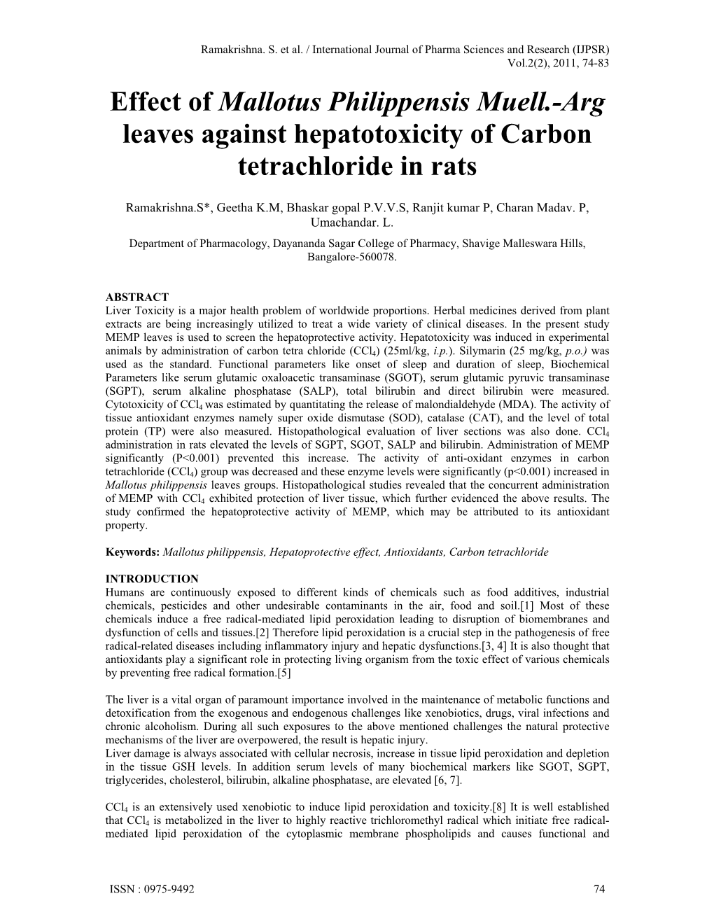 Effect of Mallotus Philippensis Muell.-Arg Leaves Against Hepatotoxicity of Carbon Tetrachloride in Rats