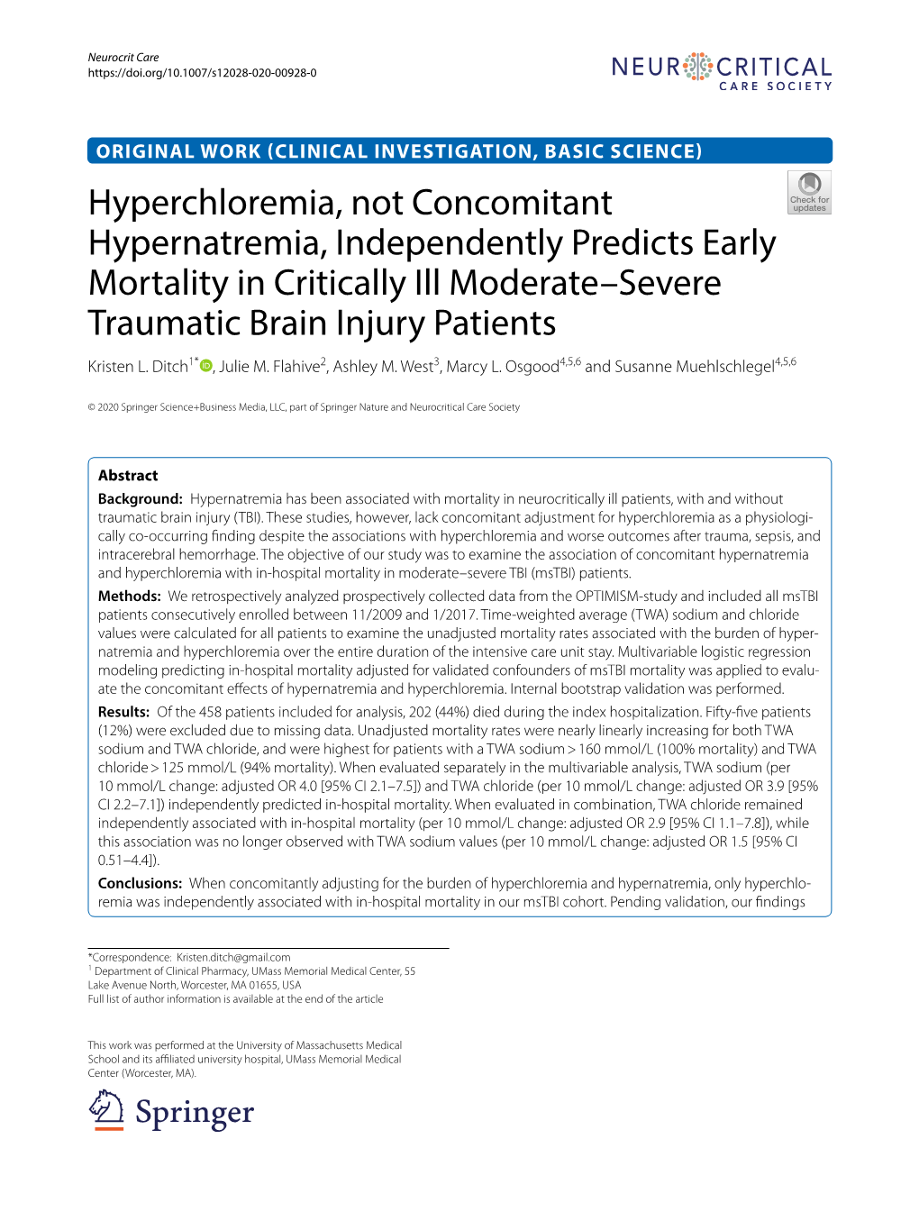 Hyperchloremia, Not Concomitant Hypernatremia, Independently Predicts Early Mortality in Critically Ill Moderate–Severe Traumatic Brain Injury Patients Kristen L