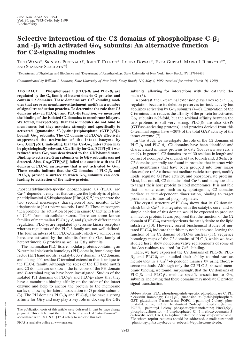 Selective Interaction of the C2 Domains of Phospholipase C-␤1 and -␤2 with Activated G␣Q Subunits: an Alternative Function for C2-Signaling Modules