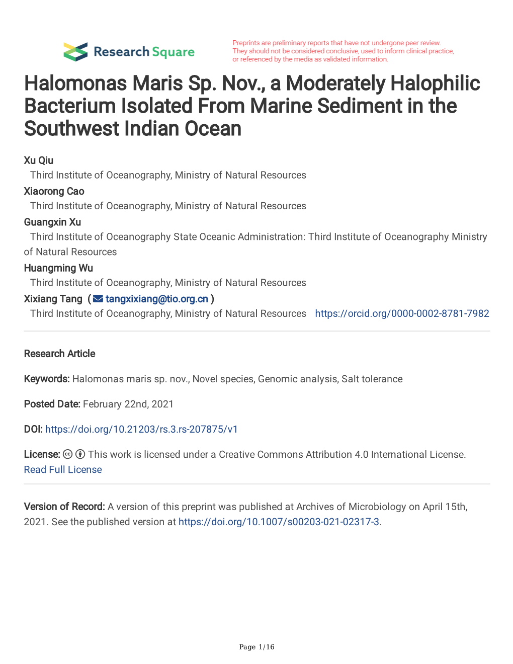 Halomonas Maris Sp. Nov., a Moderately Halophilic Bacterium Isolated from Marine Sediment in the Southwest Indian Ocean