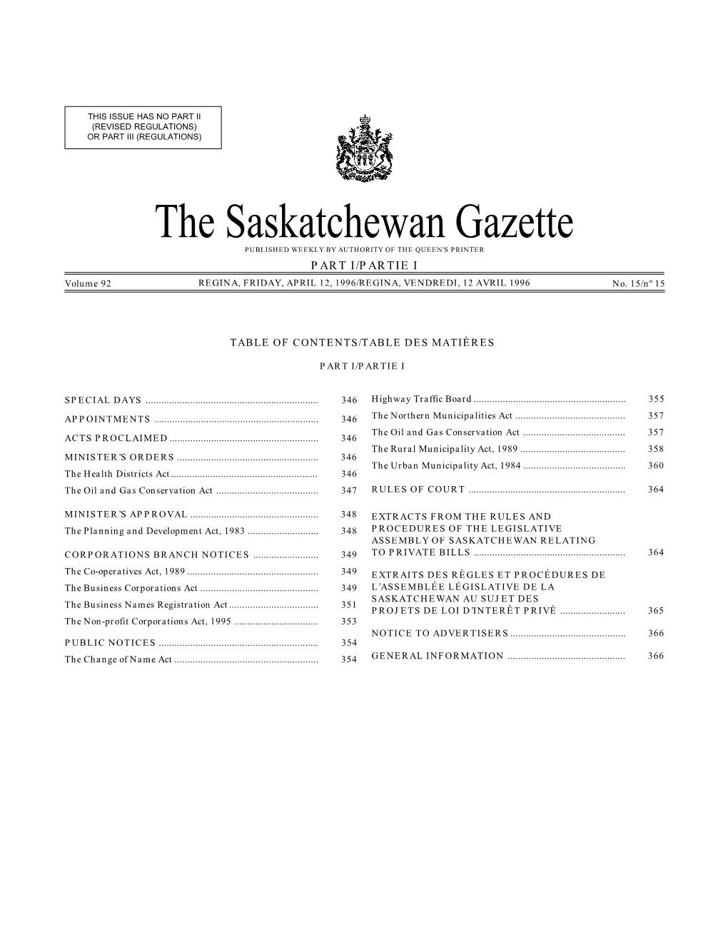 Sask Gazette, Part I, Apr 12, 1996