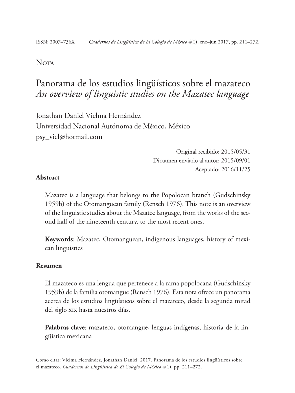 Panorama De Los Estudios Lingüísticos Sobre El Mazateco an Overview of Linguistic Studies on the Mazatec Language
