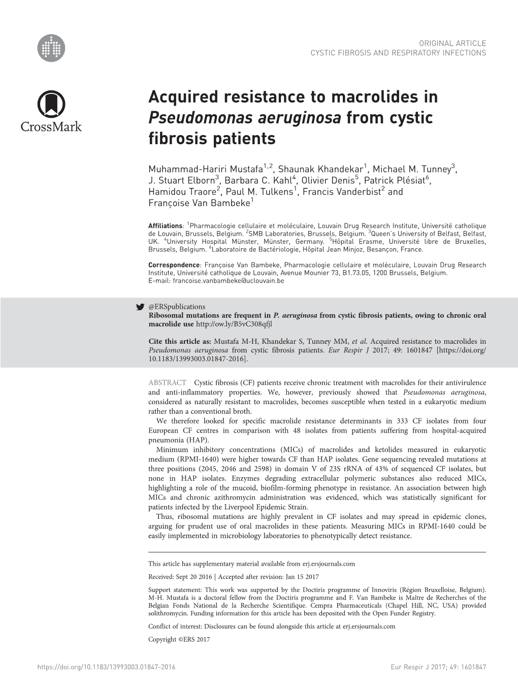 Acquired Resistance to Macrolides in Pseudomonas Aeruginosa from Cystic Fibrosis Patients